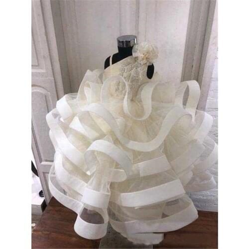Cute Infant Girls Ball Gown Baby Girls Clothes With Organza Ruffle One Shoulder Beaded Girls Pageant Birthday Dresses Real Photo