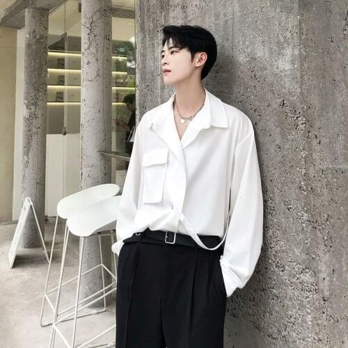 2021 Korean Style Mens Solid Color Long Sleeve Ribbon Shirts White/black Irregular Shirts Camisa Masculina Streetwear Clothes