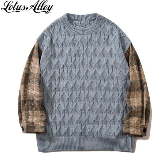 Oversized Crochet Sweater Mens Jumpers Vintage Patchwork Crewneck Pullovers Wool Blends All-matching Winter Knit Sweater Men