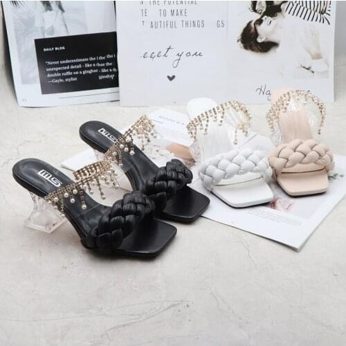 Shoes Woman 2021 Square heel Female Slippers Low Rivet Heeled Mules Black Sandals Luxury Slides Block New Summer High Beige