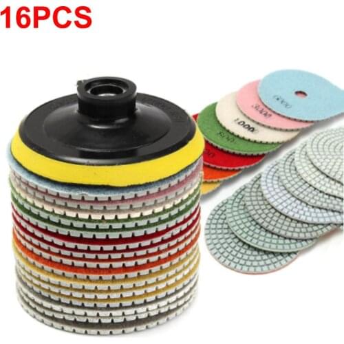 16 Pieces Diamond Polishing Pads Kit 4 Inch 100mm Wet/Dry For Granite Stone Tiles Concrete Marble Power Tools Grinding Discs Set