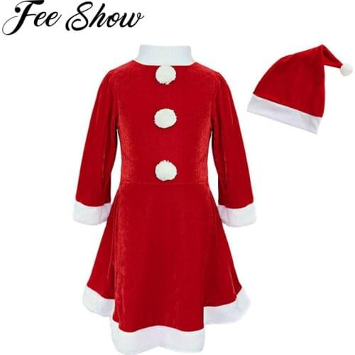 2017 New Baby Girls Christmas Outfits Clothing Christmas Santa Holiday Costume Cosplay Dress with Hat Outfits SZ 3-10Y