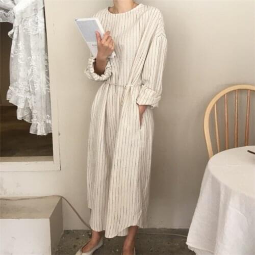 New 2021 Autumn Winter Women Dresses Sashes Straight Prairie Chic Elegant Striped Midi Ankle-Length Female