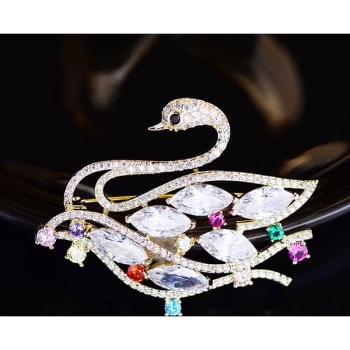 OKILY Lovely Swan Brooch Big Zircon Animal Brooches Pins Women Corsage Wedding Luxe Broche Femme Jewelry for Family Gift