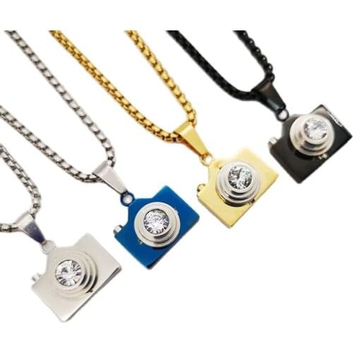 New arrival Stainless steel hip hop Camera necklace pendant with Cubic zirconia stone 60cm popcorn chain necklace CARA0122