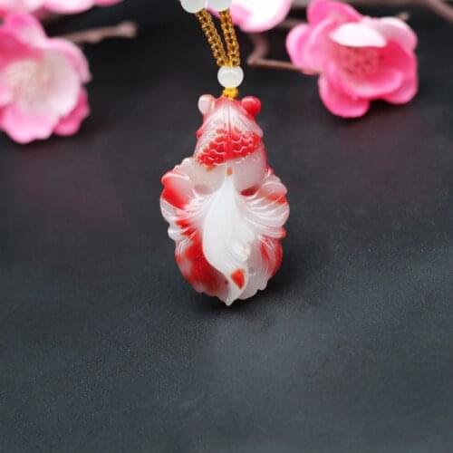 Natural Red White Jade Goldfish Pendant Necklace Chinese Hand-Carved Jadeite Charm Jewelry Fashion Amulet Men Women Lucky Gifts