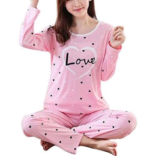 Casual Women O Neck Strawberry Heart Print Top Long Pant Thin Sleepwear Set домашняя одежда женская