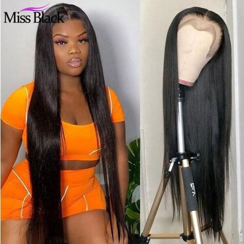 Miss Black Brazilian Glueless Straight 13x4 Lace Front Human Hair Wigs 32 34 36 38 Inch Pre-plucked Baby Hair For Black Women