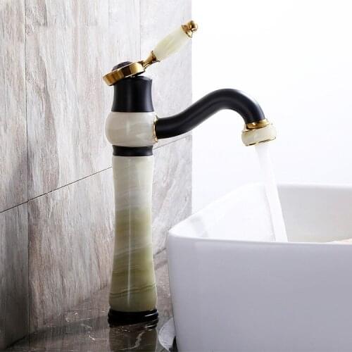 Luxury black and gold Solid brass Jade stone high waterfall Bathroom Sink Faucet Basin Vanity Mixer Tap