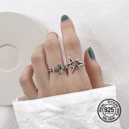 S925 Sterling Silver Rings For Women Adjustable Opening Cross Male Female Fashion Personality Punk Retro Design Jewelry INEFFA