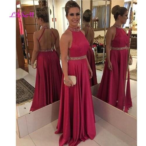 Sexy Backless Evening Dresses Long A-Line Prom Party Dress with Beaded Halter Neck Sleeveles Formal Gowns 2020