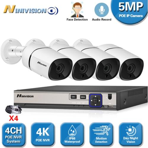 NINIVISION H.265 4CH 5MP POE Security Camera System Kit Record IP Camera IR Outdoor Waterproof CCTV Video Surveillance NVR Set