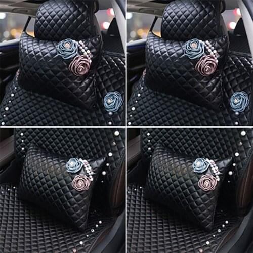 Tulip Flower Pearl Car Headrest Pillows PU Leather Plaid Auto Neck Waist Lumbar Supports Steering Wheel Covers For Lady Girls