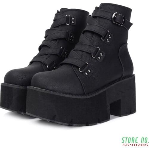 Autumn Ankle Boots Women Platform Boots Woman Metal Buckle Black PU Leather Wedges Female Comfortable High Increase 8cm Shoes