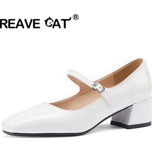 REAVE CAT New 2021 Women Pumps Square Toe 4.5cm Block Heels Genuine Leather Buckle Simple Classic Big Size 43 Casual A3780