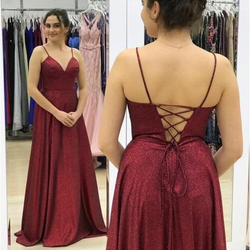 Sexy Long Burgundy V-Neck Evening Dresses Criss Cross Back Glitter A-Line Spaghetti Abendkleid Robes de Soirée for Women