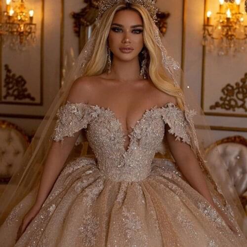 2021 Champagne Wedding Dresses Plus Size Sequins Off the Shoulder Vintage Bridal Gowns Bling Bling vestido de novia
