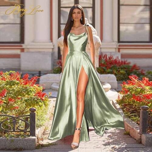 Berylove A Line Soft Evening Dress Sexy Spandex Satin Prom Dress Long Side Slit Evening Gown Solid Color Bow Tie Robe De Soiree