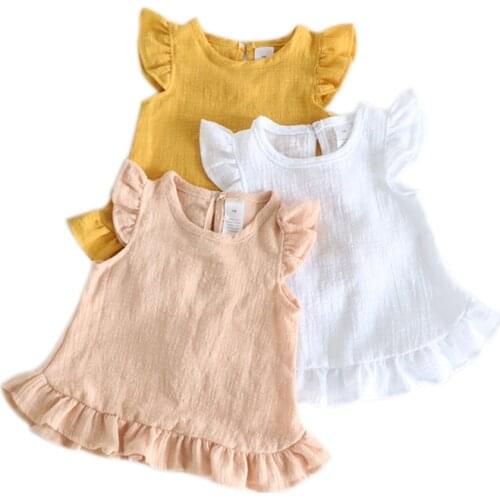 Linen Cotton Summer Baby Girls Blouses Tops Ruffle Sleeve Lace Kids Shirts Casual Pretty Children Girl Clothing