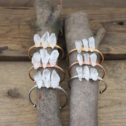 Brass Wire Wrap White Quartz Open Cuff Bangle Irregular Raw Crystal Points Fashion Women Bracelet Jewelry Wholesale QC2040
