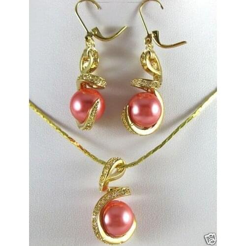 Hot sale new Style 12mm Genuine Dark Pink South Sea Shell Pearl 18KGP Earrings Pendant Necklace Set