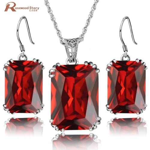 Indian Jewelry Big Red Stone Crystal Pendants Earrings For Women 925 Silver Vintage Wedding Jewelry Sets For Brides Love Gift