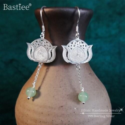 Lotus Flower 999 Sterling Silver Earrings Drop Beaded Earings Fashion Jewelry Ethnic Vintage Women Green Beads Handmade Luxury