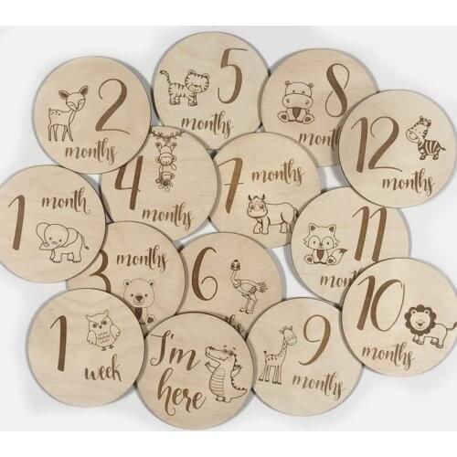 Set of 14 tiles Baby Milestone Monthly Signs with Zoo Animals Engraved discs Milestone plaques Baby Shower photo prop