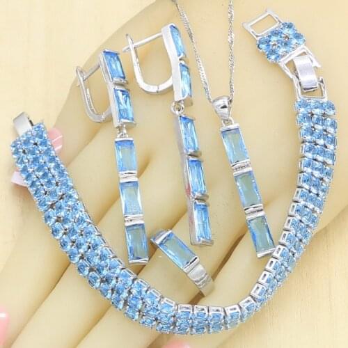 Sky Blue Semi-precious Jewelry Sets for Women Bracelet Long Earrings Rings Necklace Pendant Gift Box