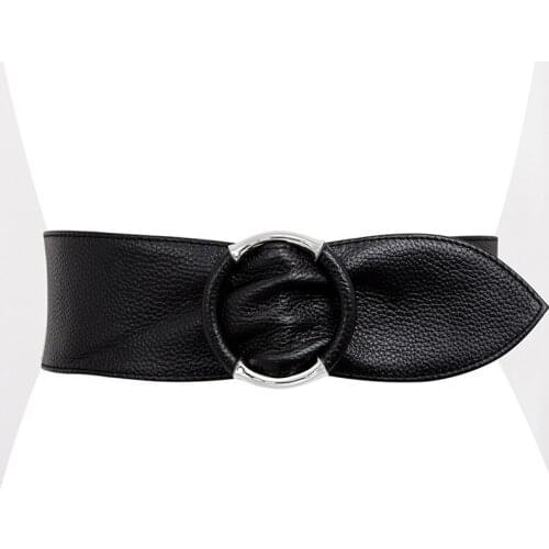 Fashion NEW Cowhide Belt Female Silver Round Buckle Soft Solid Genuine Leather Wide Waistbands For Dress Jacket Party Cummerbund