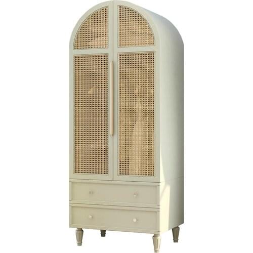 TT Self-Viewing Original Rattan Wardrobe Simple Solid Wood Bedroom Clothing Storage Cabinets Pastoral Style Double-Door Closet