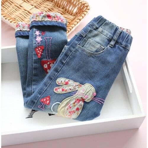 Girls Cartoon Rabbit Casual Jeans Spring Fall New Childrens Clothing Elastic Trousers Baby Kids Cotton Embroidered Pants P336