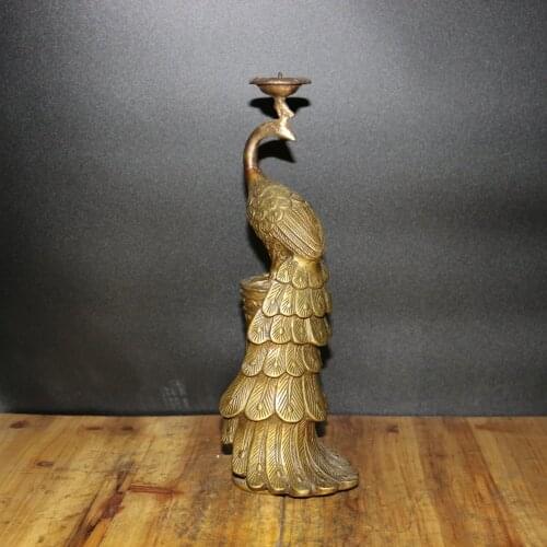 Home Christmas Decorations Gifts,Chinese Antique Collection,Old Brass Peacock Candlestick ,Height 32 CM