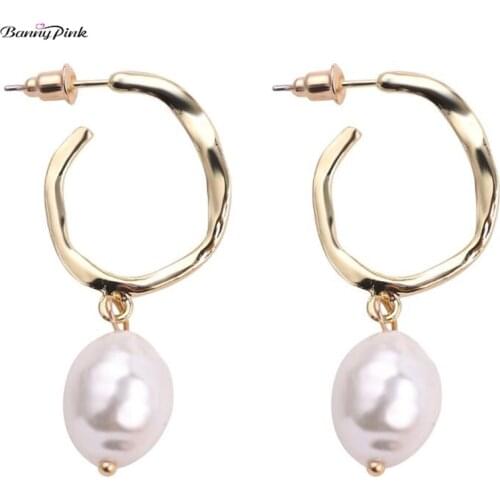 Banny Pink Wedding White Pearl Stud Earrings For Women Chic Geometric Round Circle Pendant Post Earrings Long Statement Earrings