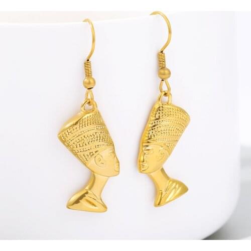 Drop Egyptian Queen Nefertiti Stud Earrings Jewelry for Women Girls Gold Color Wholesale African Jewellery Gifts Accessories