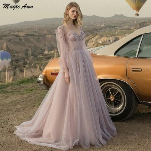 Magic Awn 2021 Full Sleeves Boho Wedding Dresses Flowers Appliques Illusion Country A-Line Mariage Gowns Lace-Up Back Vestidos