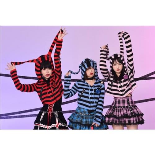 Ruibbit Harajuku Japanese Cropped Sweater Punk Striped Gothic Girls Cute Rabbit Ears Hooded Knitted Sweater Cardigan Coats