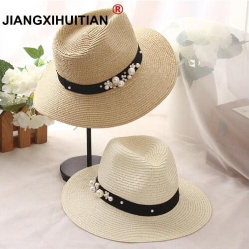 2018 simple Earl stereoscopic Pearls summer hat Stitching color Beach holiday straw sun hats for women summer style hat