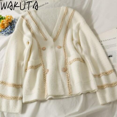 WAKUTA Double Breasted Stylish Warm Sweater Cardigan Women Fashuion Striped V Neck Chic Oversized Female Knitted Cardigans 9F799