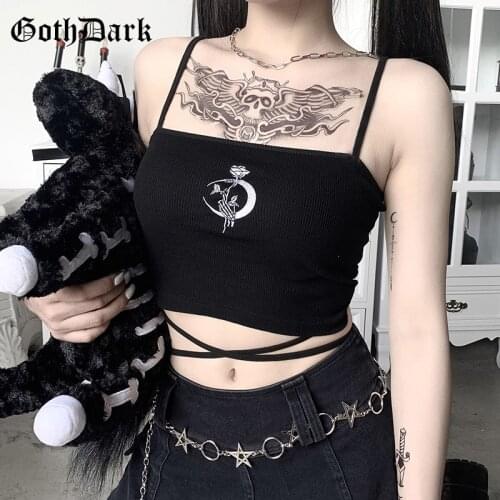 Goth Dark Gothic Moon Camis Punk Black Bandage Rose Graphic Embroidery Women Crop Tops Backless Sleeveless Summer Bodycon Top