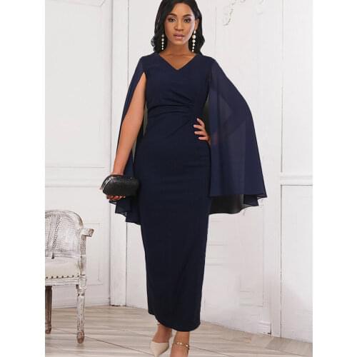 Women Navy Blue Bodycon Dress Elegant V Neck Patchwork Chiffon Sleeve Navy Blue Slim Fit Plus Size XL Female Party Night Elegant