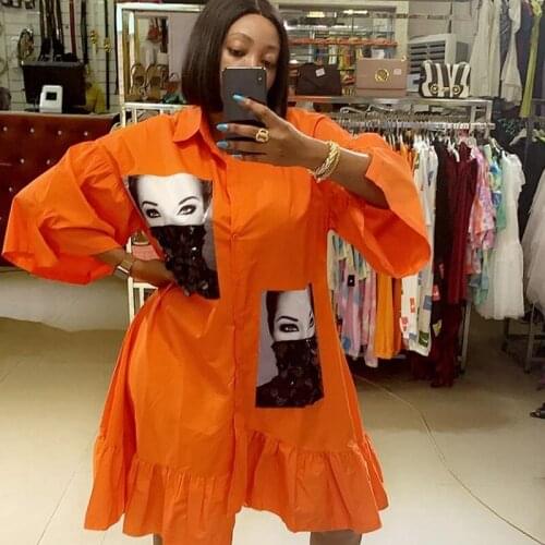 Women Loose Shirt Dress Flare Sleeve Turn-down Collar Sequined Mini Casual Dresses 2021 Summer Autumn Street Style Female Robes