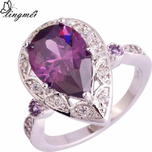 Lingmei Wholesale Wedding Band Bride Silver Color Ring for Women Purple & Red & Pink Zircon Jewelry Vintage s Size 6-9 10