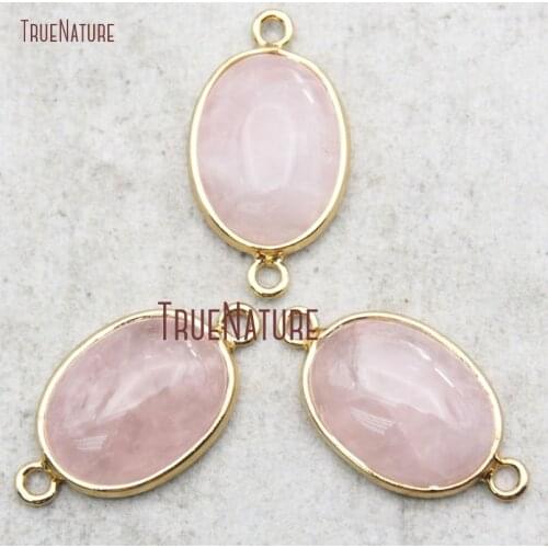 10Pcs Bezel Setting Pure Gold Color Oval Shaped Connector Rose Quartzs Double Bail Pendant 29x16mm PC15299