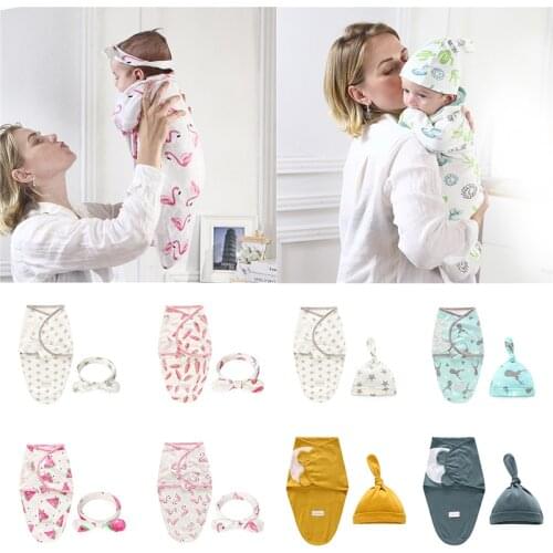 2pcs/set Fashion Newborn Swaddle Wrap Blanket +Hat/Headwear Cotton Baby Receiving Blanket Infant Sleeping Bag for 0-6 Months