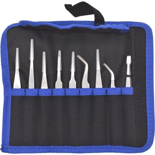 9 pcs set Stainless Steel ST Tweezers Maintenance Tool Industrial Precision Curved Straight Tweezer Repair Tools Tongs Kit