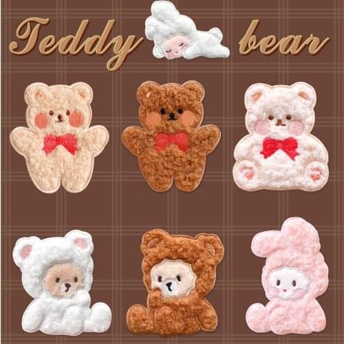 AHYONNIEX Plush Scarf Bear Rabbit Patches for Clothing DIY Iron On Patches on Clothes Cute Glue Sticker Embroidery Badges