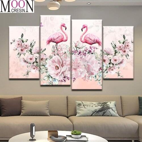 Pink Flamingo 5d diy diamond Painting full square drill Flower Bird 3d picture of rhinestone embroidery diamond mosaic 4pcs/set