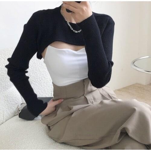 Asymmetrical Knit Cropped Tops Pullover Bolero Shrugs Women Cut Out One Piece Sleeve Tops