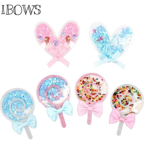 IBOWS Sequins Liquid Quicksand Patches Cute Candy Lollipop for DIY Phone Case Hair Bow Accessories Decoration Handmade Crafts